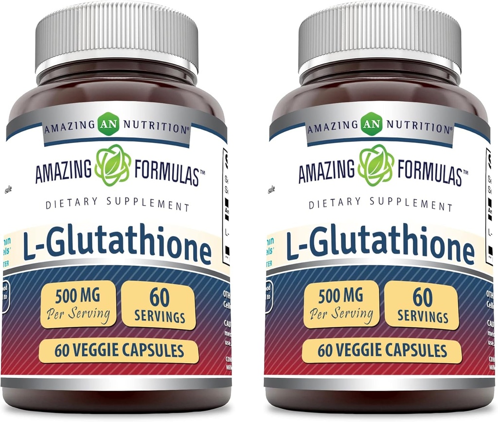 Formules étonnantes Réduction L-Glutathion Supplément de 500 Mg par portion 60 Capsules Véggies non-OGM (Pack de 2)