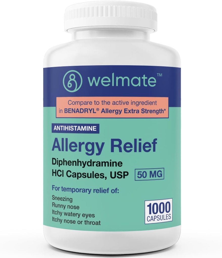 Soulagement de l'allergie WELMATE - Diphénhydramine 50 mg - 1000 capsules de dénombrement - Antihistamine - Allergie et symptômes du froid - Éternuement, nez runny, yeux démangeants et gorge