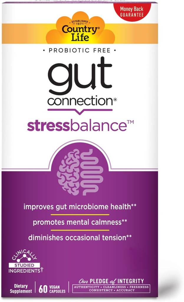 Country Life Gut Connection Stress Balance 60 Capsules Vegan, certifié sans gluten, certifié végétalien, non-OGM vérifié