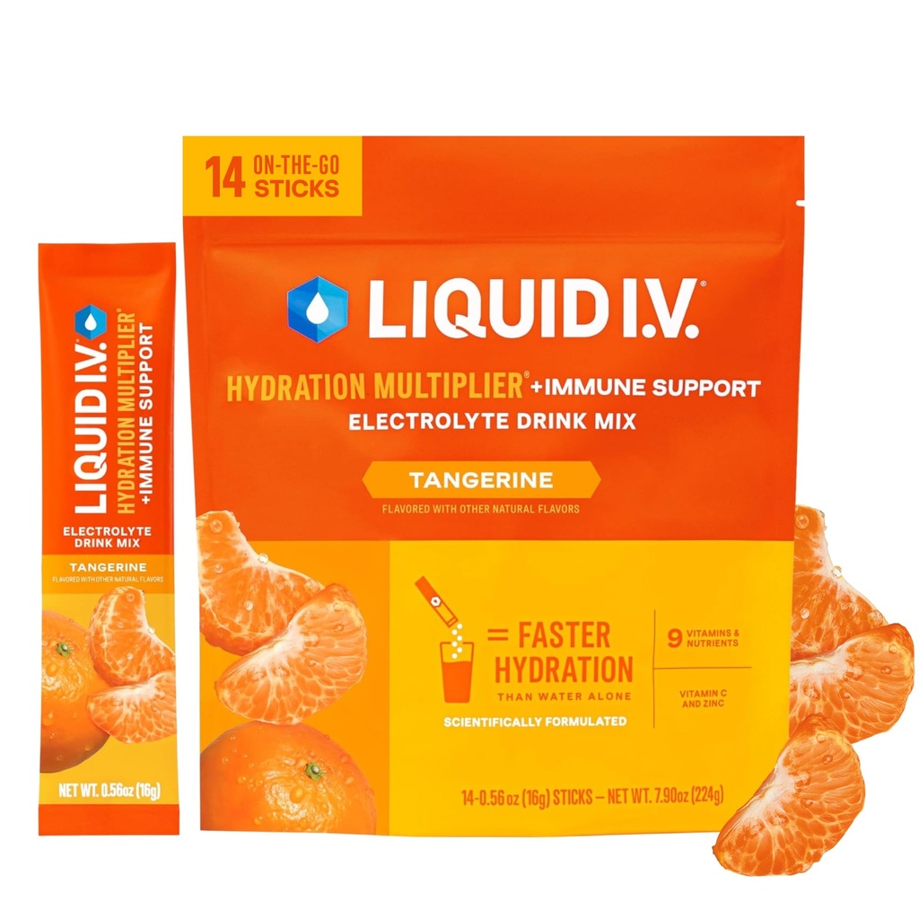 Liquid I.V. Liquid Hydration Multiplier + Immune Support, Easy Open Packets, Natural Tangerine Flavor (14 Count)