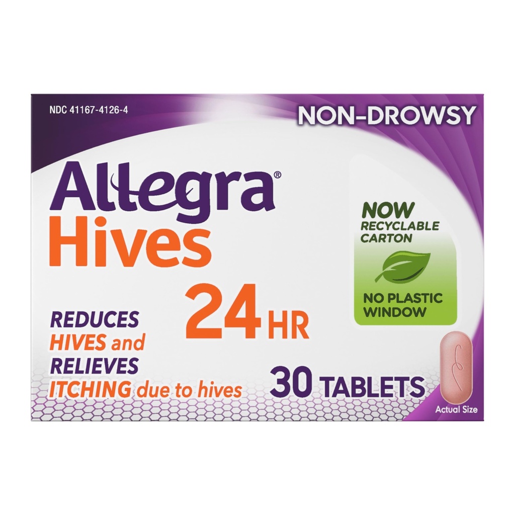 Allegra Hives Antihistamine Comprimés 24 heures sur 24, Réduction de la pisse non somnolente et soulagement de la démangeaison, 180 mg de Fexofenadine HCI, 30 mois