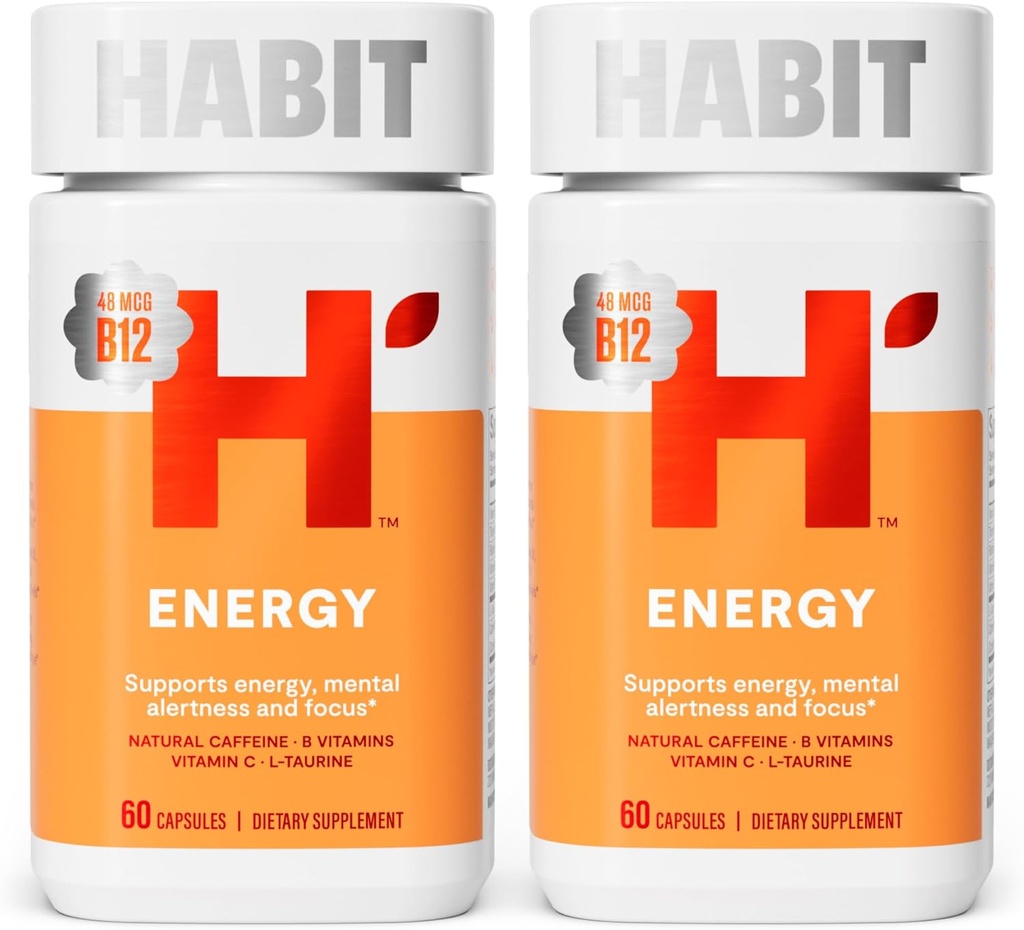 Habit Energy Supplement 2 Pack (120 Capsules) - Nouveau look, soutient l'énergie, l'alerte mentale et le focus, la caféine naturelle, les vitamines B & C, extrait de thé vert, végétalien, non-OGM