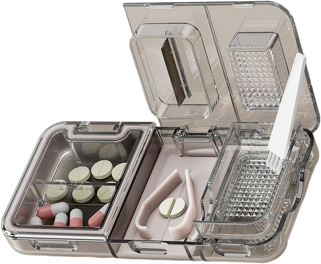 CFMOUR 3-en-1 Découpeur de pilules pour les petites et petites pilules, broyeur à broyeur avec comprimés de broyeur à poudre, porte-pilons pour les pilules de stockage, moulins pour les personnes âgées, enfants et animaux, noir