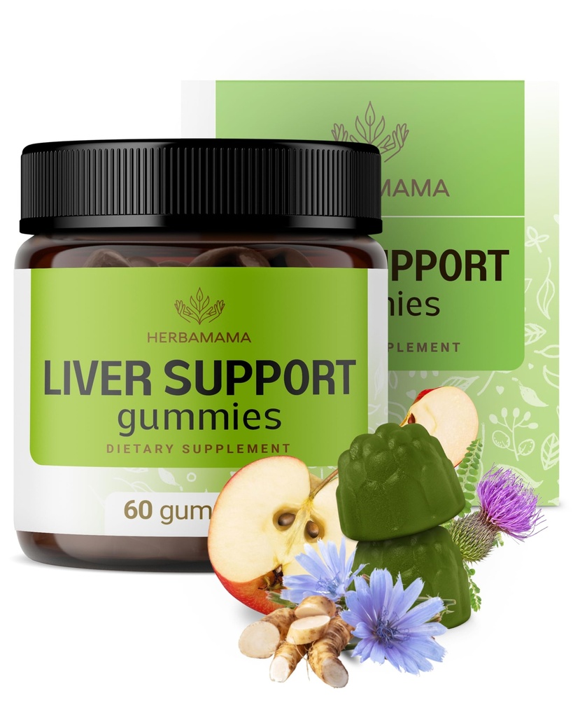 Gommies de soutien du foie HERBAMAMA - Complexe à base de plantes pour la désintoxication et le nettoyage du foie - Vegan, Supplément de soutien général non-OGM - 60 Pectines à base de pommes