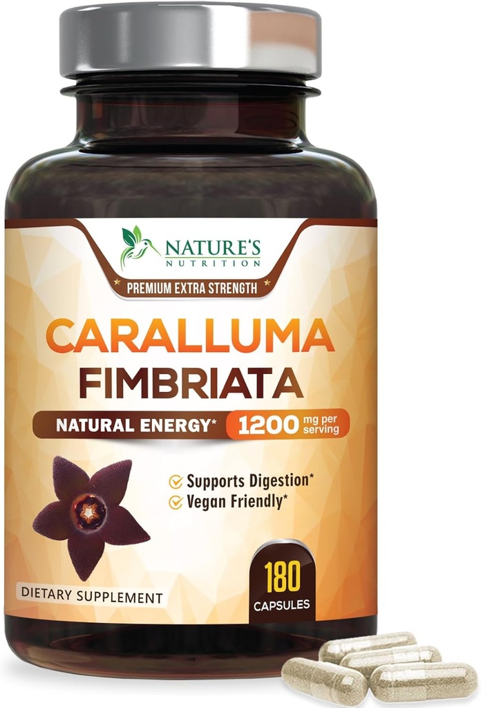 Extrait de Fimbriata de Caralluma pur hautement concentré 1200mg - Gélules naturelles de Fimbriata de Caralluma support d'endurance, meilleur supplément végétalien pour les hommes et les femmes, non-OGM - 180 capsules