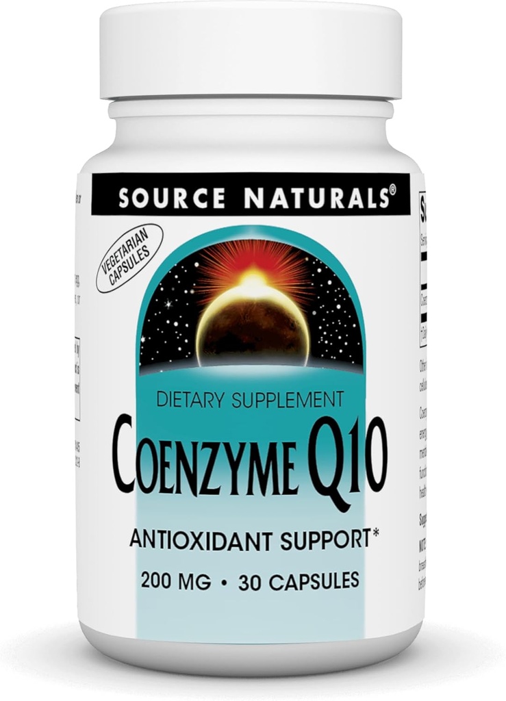 Source Naturals Coenzyme Q10, Soutien antioxydant* pour la production d'énergie, le soutien de la fonction cardiaque, la protection antioxydante et les intestins sains, 200 mg - 30 Capsules végétariennes