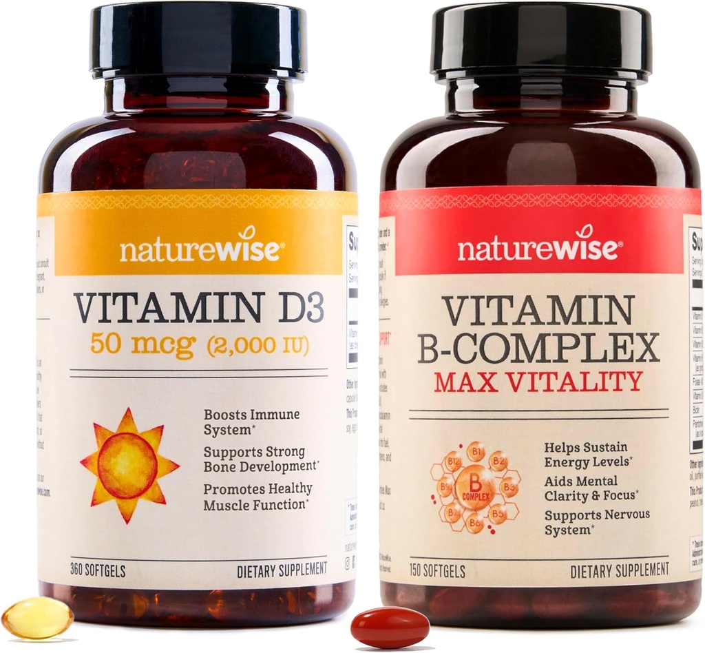 NatureWise Vitamine D3 2000iu 360 Comte et complexe de vitamine B 150 Softgels - Fonction musculaire saine, soutien immunitaire, énergie cellulaire, clarté mentale