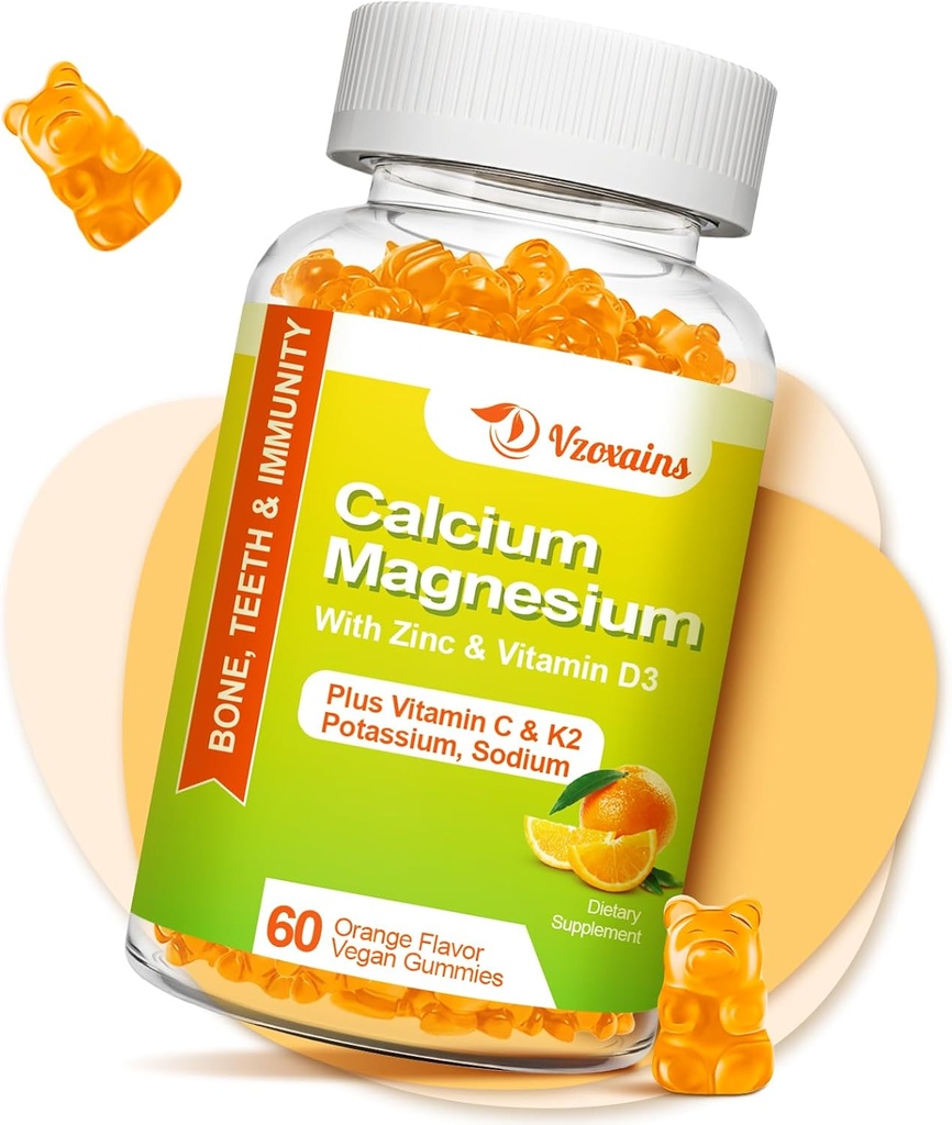 Haute absorption Gommies de calcium, supplément de magnésium sans sucre avec vitamine de potassium D3 pour les hommes et les femmes - végétalien, saveur orange 60 Cts