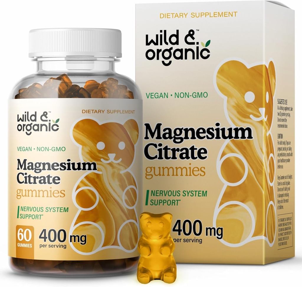 Gummies de citrate de magnésium sauvage et biologique 400 mg - Relaxing Chewables for Calm and Mood - Supplément de citrate de magnésium calmant - 60 légumes, non-OGM à base de poudre