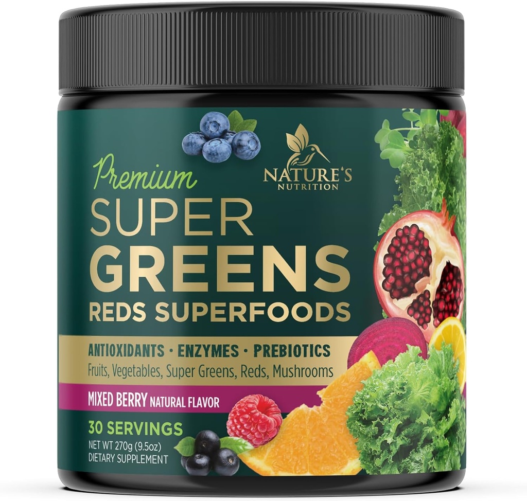 Mélange de poudres de Greens Superfood - Mélange de suppléments verts pour l'énergie et la santé des Guts - avec de l'herbe de blé biologique, Spiruline, Chlorella, enzymes digestives Antioxydant et fibre - Berry Flavor, 30 portions