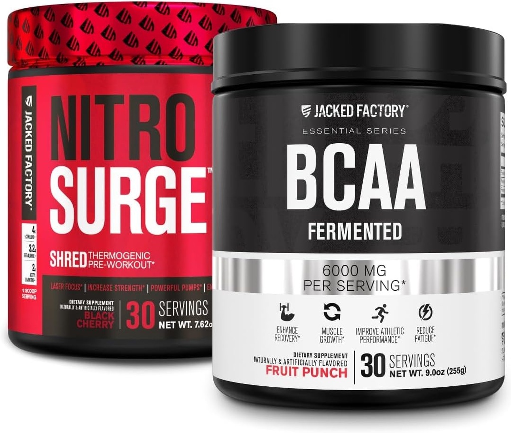 Nitrosurge de l'usine Jacked Shred Thermogen Pre-Workout en cerise noire et BCAA en punch de fruits pour la recomposition corporelle, la construction musculaire et la récupération