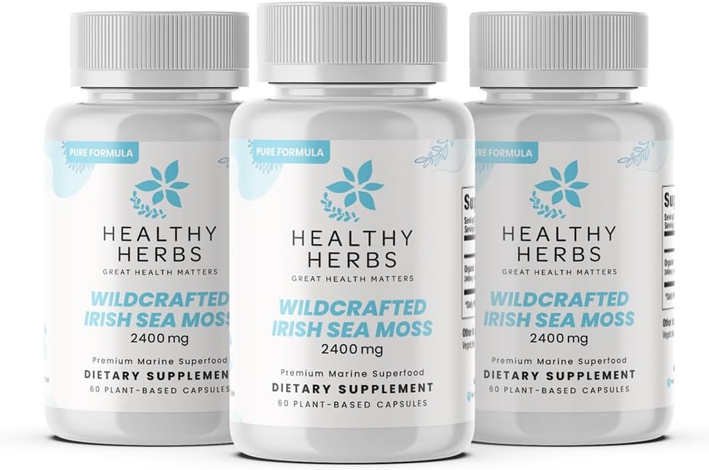 Healthy Herbs Pure Irish Sea Moss Capsules | US-Made, Vegan, Non-GMO, Easy-Swallow Seamoss Pills | Wild-Harvested Superfood with Over 90 Essential Vitamins & Minerals (3-Pack)
