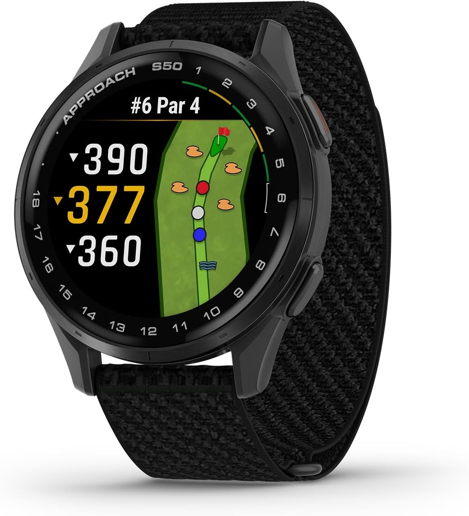 Garmin Approach® S50, Smartwatch GPS de golf avancé, écran AMOLED, caractéristiques de cours, fréquence cardiaque à base de poignet, lunette en aluminium ardoise avec bande de nylon noir ComfortFit