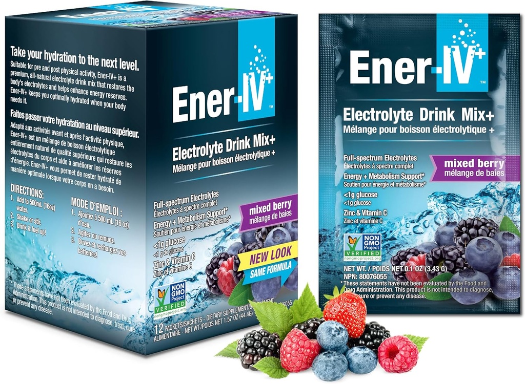 Ener-IV Electrolyte Hydratation et consommation d'énergie Potassium Vitamine C & Zinc Electrolytes Powder Packets - Récupération musculaire et immunité boissons sportives pour les femmes et les hommes Vegan faible sucre, Berry mixte - 12 Compte