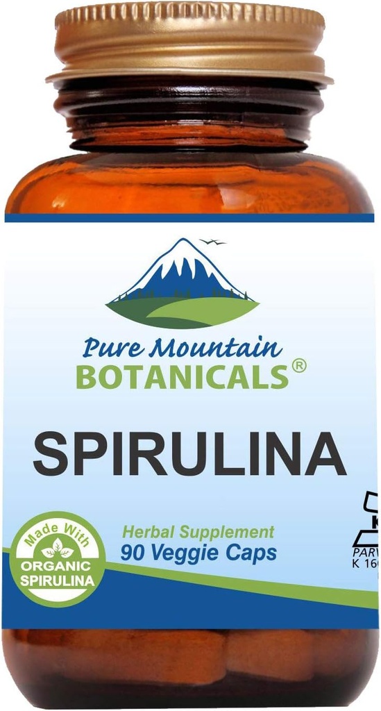 Pure Mountain Botanicals Spirulina Capsules - 90 Kosher Vegan Caps - Maintenant avec 450mg de poudre de Spiruline Biologique - Supplément Superfood de la Nature
