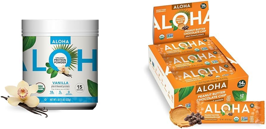 ALOHA Protéines organiques à base de plantes Vanille 19,6 oz, barres de protéines Tourteaux de beurre d'arachide Chocolate 1,98 oz Pack de 12 paquets