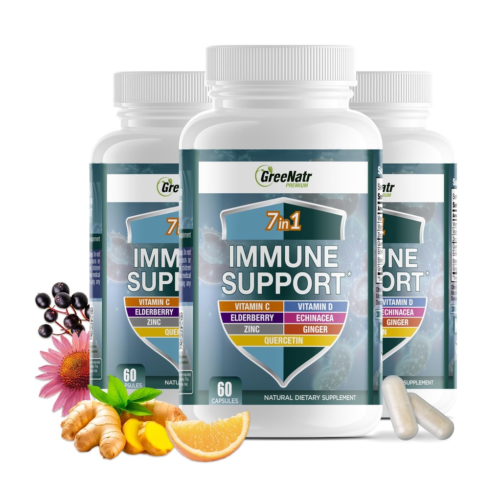 GreeNatr Supplément de soutien immunitaire avec vitamine C, D3, Zinc 50mg, Quercetin, Echinacea Purpurea, Sambucus Elderberry et Ginger pour la défense immunitaire complète - 60 capsules (3 bouteilles)