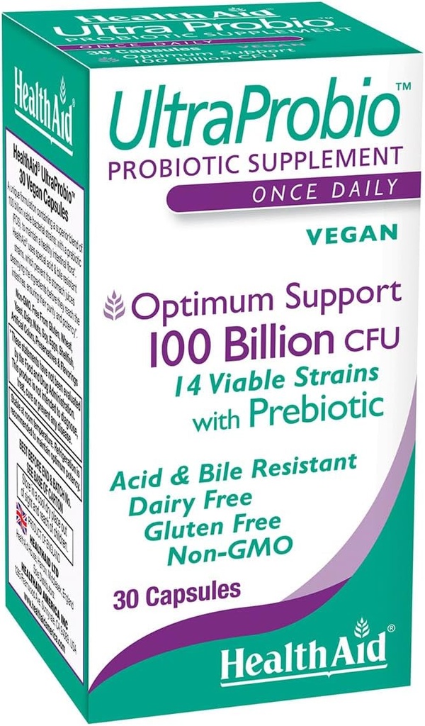 HealthAid UltraProbio, 100 milliards 30ct une fois par jour Capsules, support optimal, 100 milliards avec prébiotique, acide et bile résistant, non-OGM