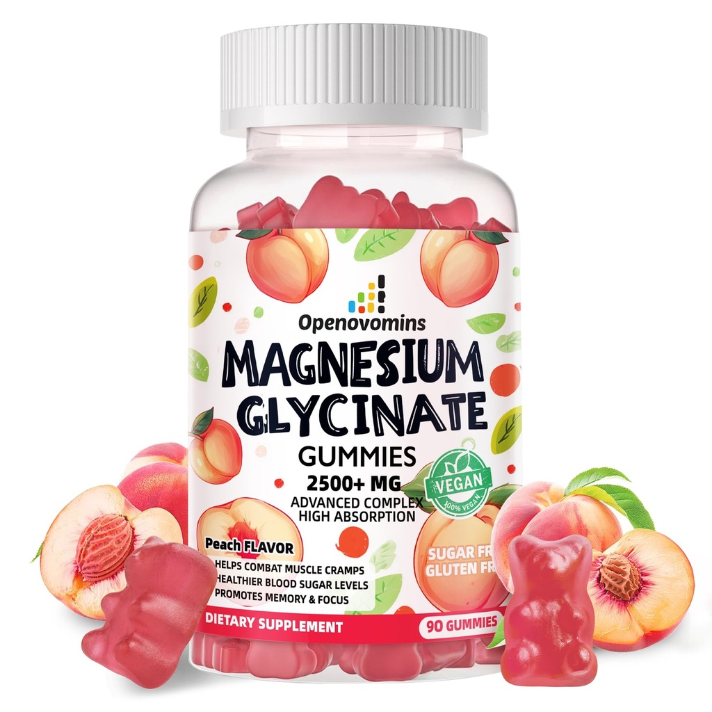 Glycinat de magnésium Gommies 2500mg - Supplément de potassium de magnésium sans sucre avec vitamine D, B6, CoQ10 pour l'humeur calme et le soutien du sommeil - 90 Gummies de pêche