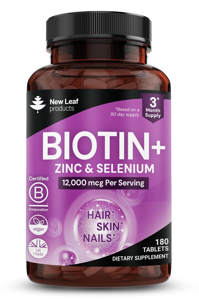 Biotine Peau et ongles Vitamines 12000mcg High Strength - Promotion des cheveux sains Peau et ongles - Biotine Vitamines pour les femmes et les hommes Vegan, 3 mois d'approvisionnement, 180 comprimés - Fabriqué au Royaume-Uni par New Leaf