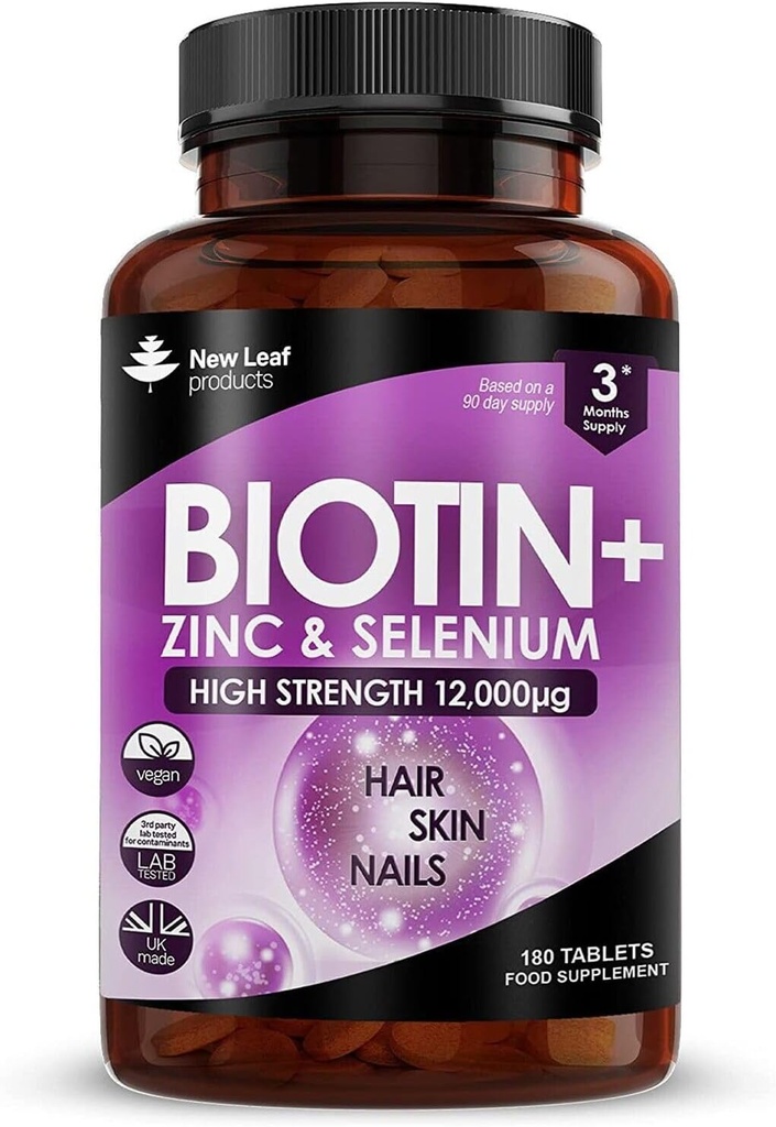 Biotine Vitamines de croissance des cheveux 12000mcg haute résistance avec l'huile de noix de coco - Promotion des cheveux sains peau et ongles - Biotine Vitamines pour les femmes et les hommes Vegan, Suppléments sans gluten - Fabriqué au Royaume-Uni par New Leaf