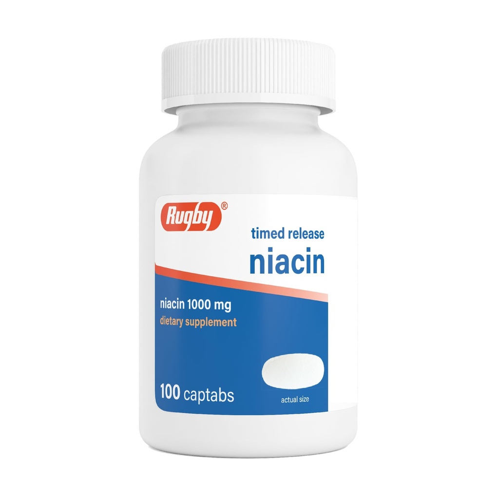 Rugby Timed-Release Niacine 1000mg Complément alimentaire pour adultes pour l'énergie, la circulation et le métabolisme, 100 Captabs (paquet de 1)