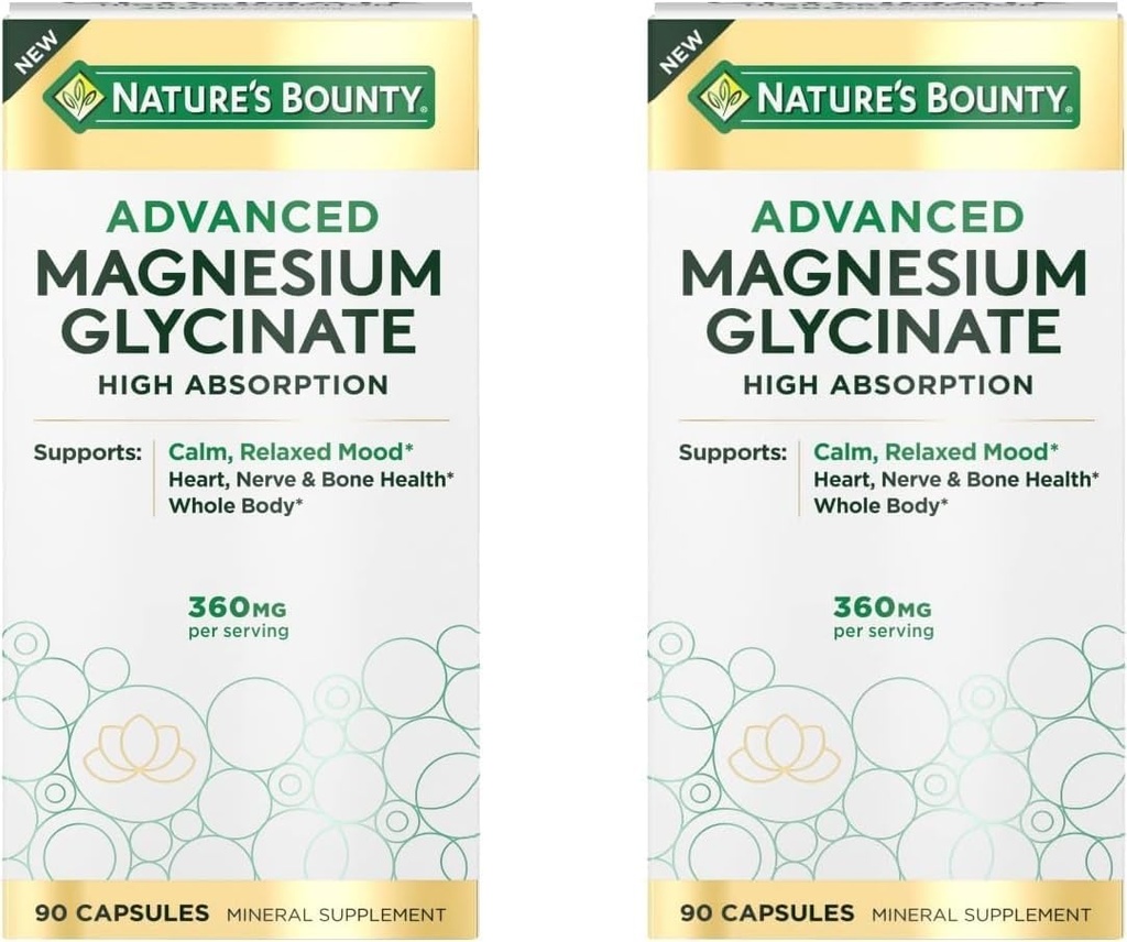 Bounty Haute Absorption de la nature Magnésium Glycinate, soutient une humeur calme et relaxante, le coeur, les nerfs, le soutien de la santé musculaire et osseuse, 90 capsules (paquet de 2)