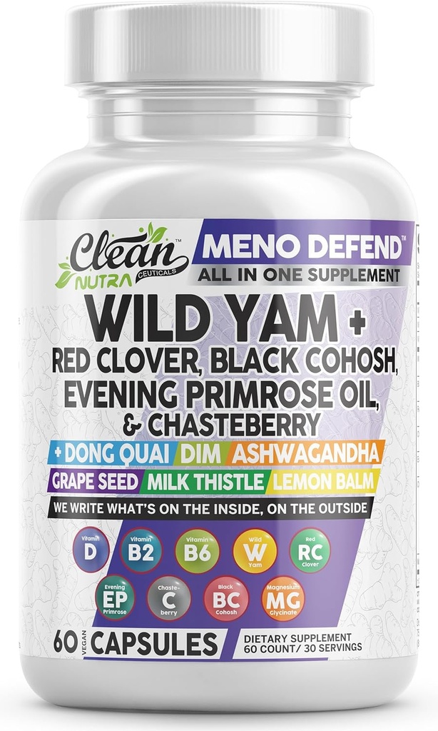 Clean Nutra Wild Yam Root Capsules with Red Clover Black Cohosh Evening Primrose Oil Chasteberry Dong Quai DIM Ashwagandha Grape Seed Extract Milk Thistle Lemon Balm and more Hormone Balance For Women