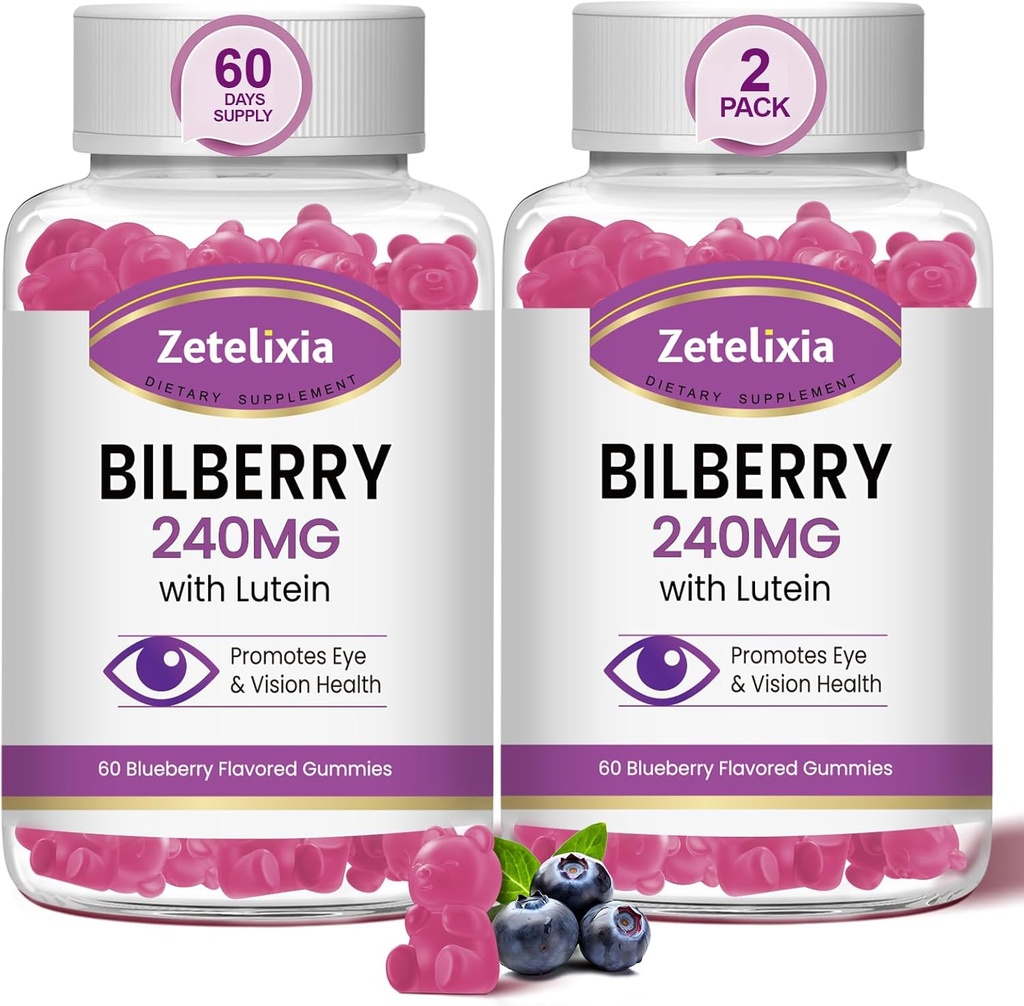 2 Pack Lutein Gummmies Supplément santé des yeux pour les adultes, Lutein & Zeaxanthin Suppléments Vitamines des yeux Gummies, Bilberry avec lutéine pour promouvoir l'oeil et la vision - 120 Gummies