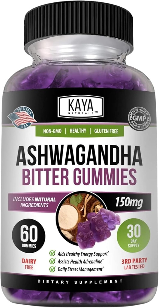 Kaya Naturals Ashwagandha Bitter Gummies - Natural Stress Relief, Boost Energy & Mental Clarity, Non-OGM, Sans gluten, Gummies à croquer - 60 Comte