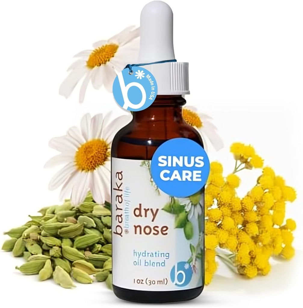 Huile nasale sèche de Baraka – Huiles essentielles organiques (Cardamom, Everlast, camomille allemande et romaine) en base d'huile de sésame – Hydratant Nez Hydratant pour les sinus secs – 1 emballage (1 oz de bouteille de goutteur)