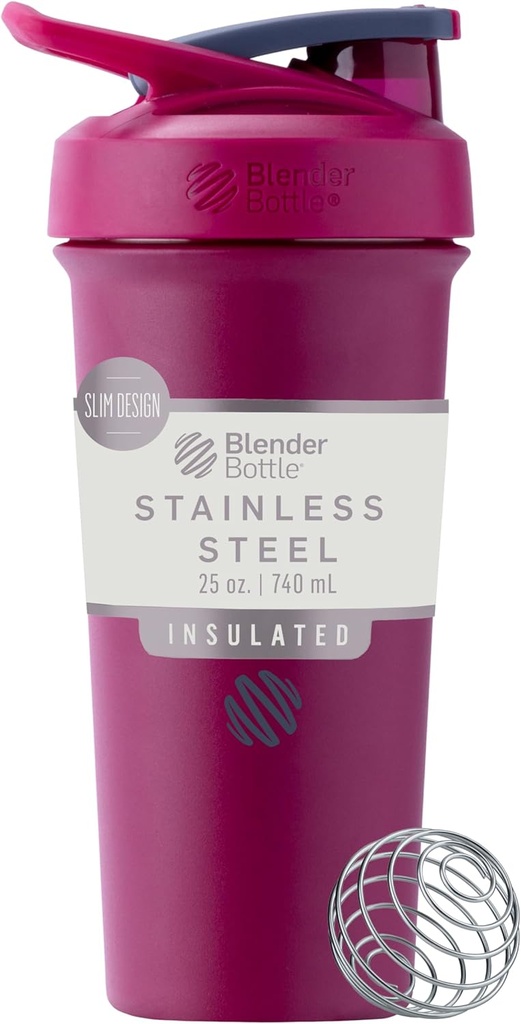 BlenderBottle Sport Sleek Inoxydable en acier inoxydable avec fouet de fil, 25-Ounce, framboise – Secous protéiques et hydratation pour les athlètes et les passionnés de fitness, mélange facile, mince facile à tenir, garde les boissons froides et verrouillables