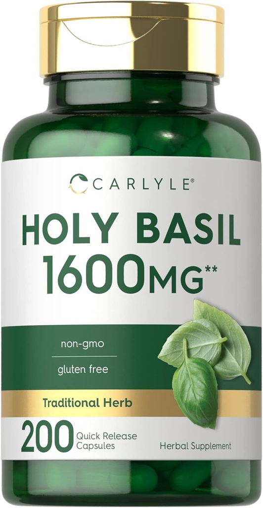 Carlyle Holy Basil Capsules 1600 mg , 200 Count , 200 Tulsi Holy Basil Leaf Extract , Supplément à base de plantes , sans gluten