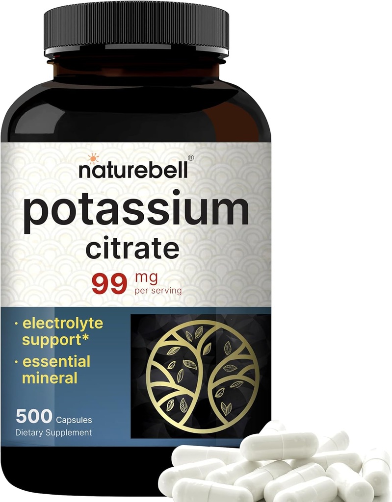 Supplément de citrate de potassium 99mg, 500 Capsules.Forme chélatée facilement absorbée – Balance essentielle des électrolytes minéraux – soutient la santé musculaire, osseuse et cardiovasculaire – non-OGM