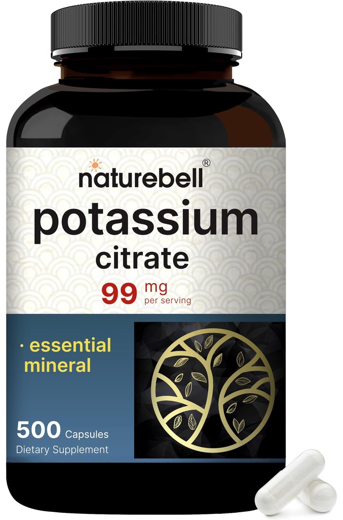 Supplément de citrate de potassium 99mg, 500 Capsules.Forme chélatée facilement absorbée – Balance essentielle des électrolytes minéraux – soutient la santé musculaire, osseuse et cardiovasculaire – non-OGM