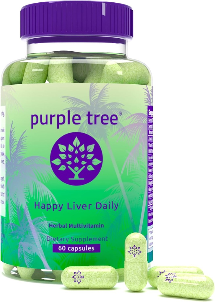 pourpre Happy Liver Daily.Support et nettoyage du foie avec le chardon de lait 80% Silymarin, racine de dandelion, feuille d'artichaut, thé à la vigne DHM, vitamines et plus - 60 pilules de détox de foie Veggie