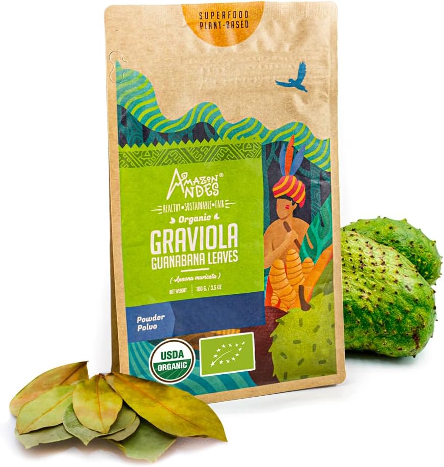 Amazon Andes Graviola Leaves Powder Anonna muricata - Rich in Vitamin C & Fibers - Immune System Stimulant - USDA NOP Supplement - Soursop - Gluten Free, Vegan, & Non GMO - 100gm / 3.5oz (20 Serving)