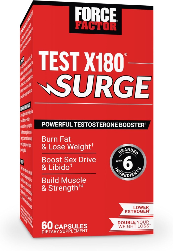Force Factor Test X180 Support de testostérone pour les hommes, supplément d'amélioration de la vitalité masculine, promouvoir les muscles et la force, soutenir le poids, stimuler l'énergie longue durée, 60 capsules