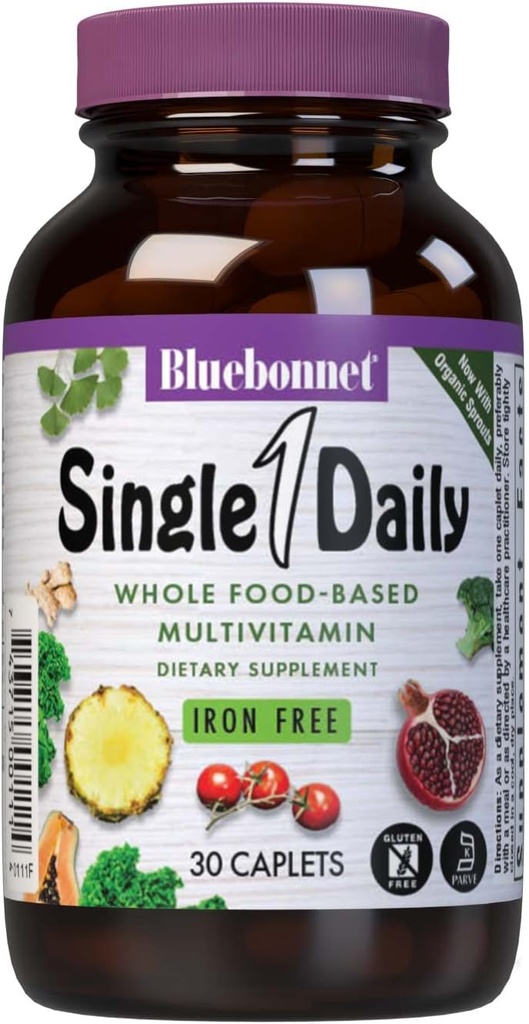 Bluebonnet Nutrition Super Earth* Single Daily* Multiple (Iron Free), for Daily Nutritional Support*, Gluten-Free, Kosher Certified, Dairy Free, Vegetarian Friendly, 30 Caplets, 30 Servings