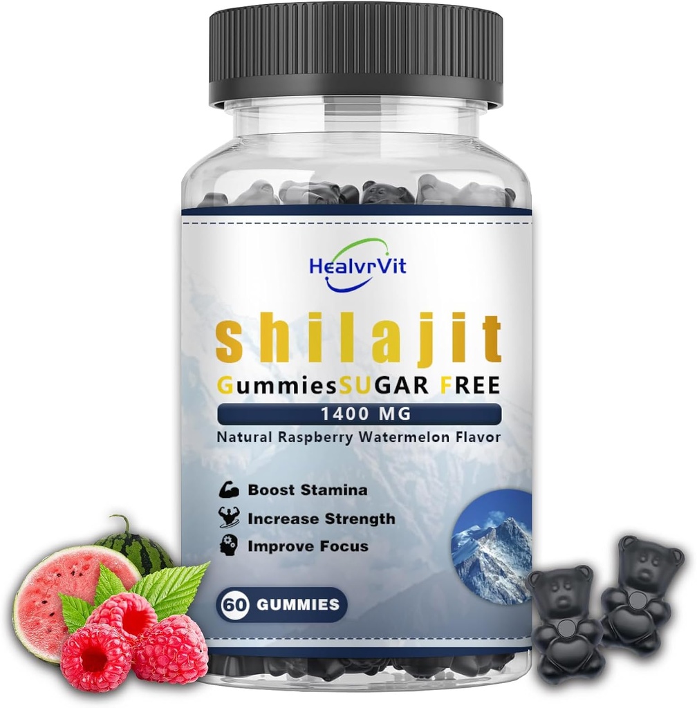 Gummies Shilajit pour les hommes Acide fulvic, pur Shilajit pour les hommes et les femmes, Shilajit Himalayan Organique pour l'énergie, sans sucre, pastèque Flaveur de framboises I 100% naturel et biologique I 60 Gummy