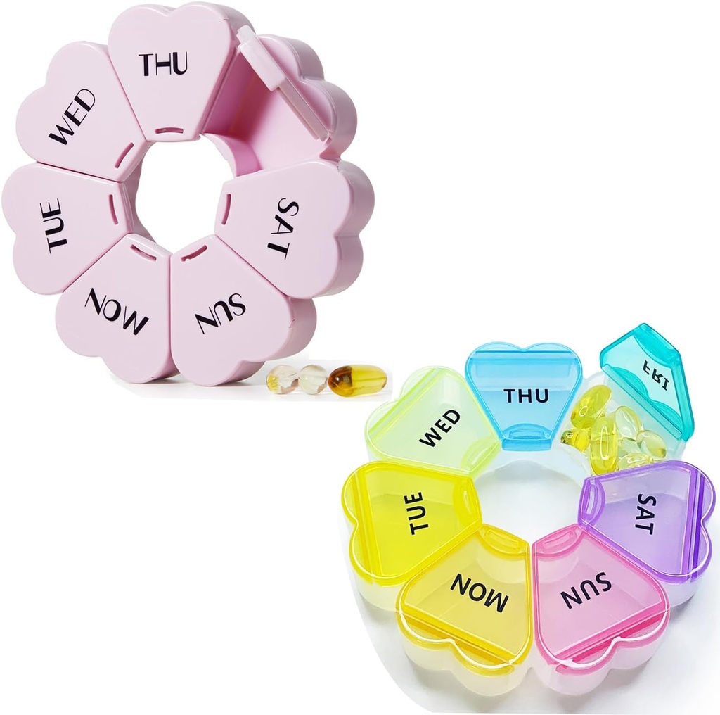 MOLN HYMYMY Cute Weekly Pill Box 7 Day, Coeur en forme de cas de pilule Organisateur 1 fois par jour, Purple Pink Pill Container Une fois par jour, grand distributeur de médicaments pour la vitamine / huile de poisson / médicaments / suppléments