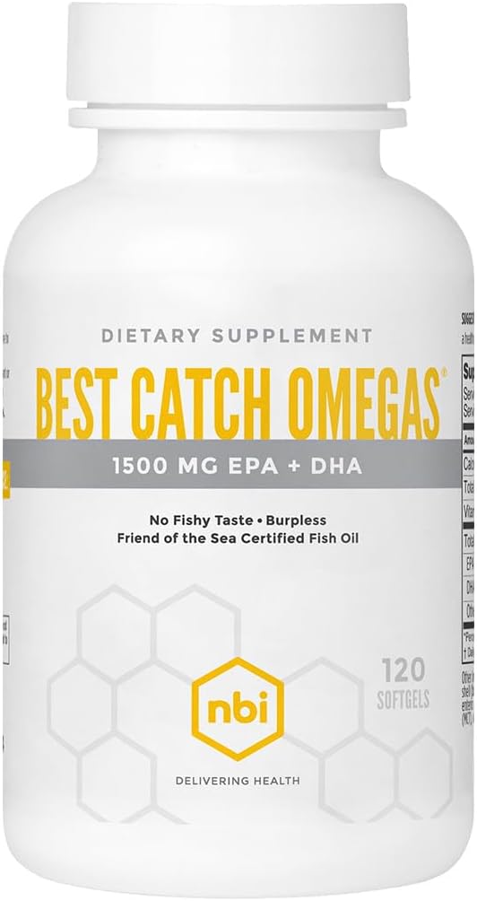 NBI Best Catch Omegas High Potency Omega-3 | EPA + DHA for Heart, Brain Support | Best Absorption | Sustainably Sourced | Burpless Formula | Natural Lemon Scent | 120 Softgel Capsules