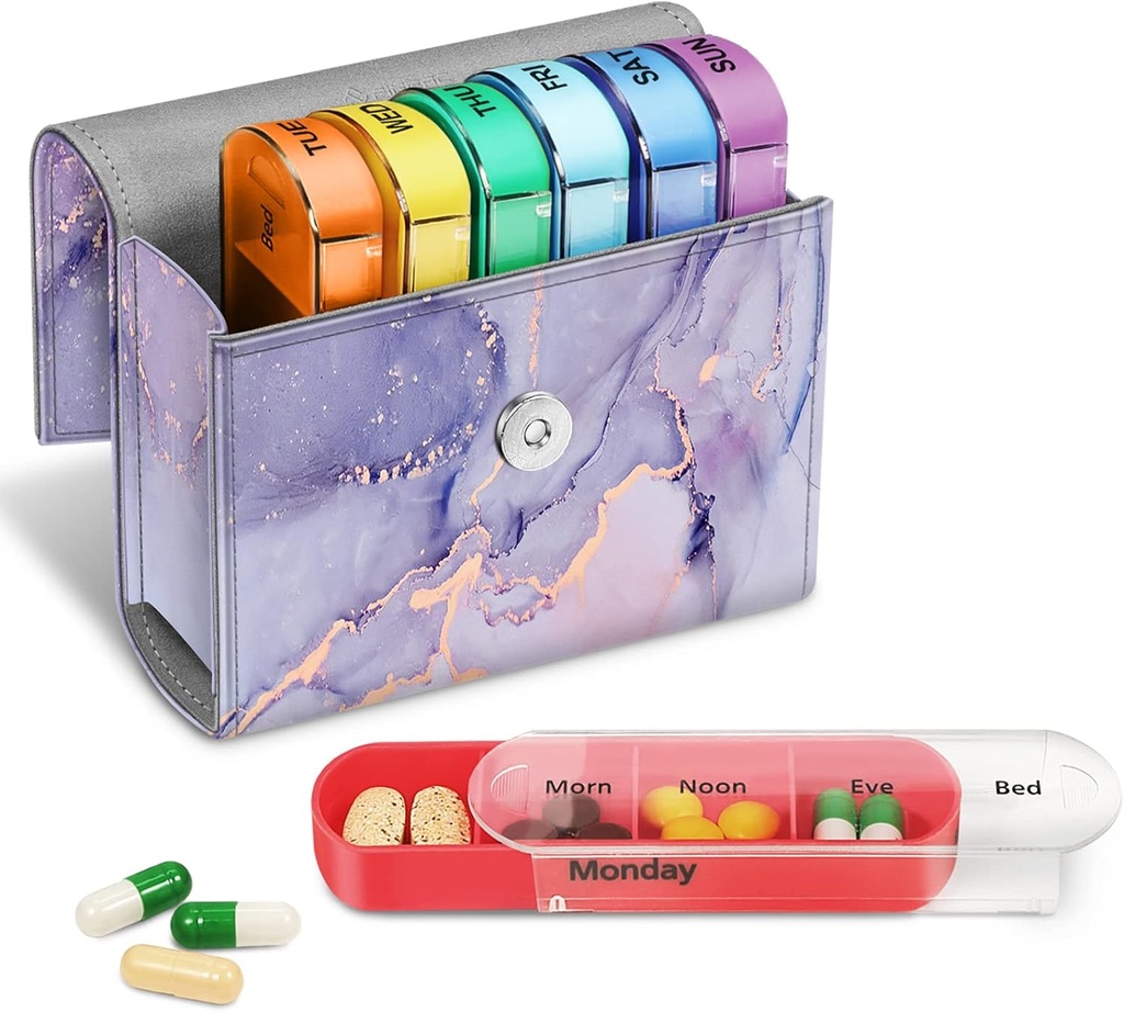 FINPAC Weekly Pill Organizers 4 Times A Day, Slide Open PU Leather Case Travel Pill Vitamin Medicine Reminder and Planner with Name Card for Morning| Afternoon| Evening| Bedtime (Lilac Marble)