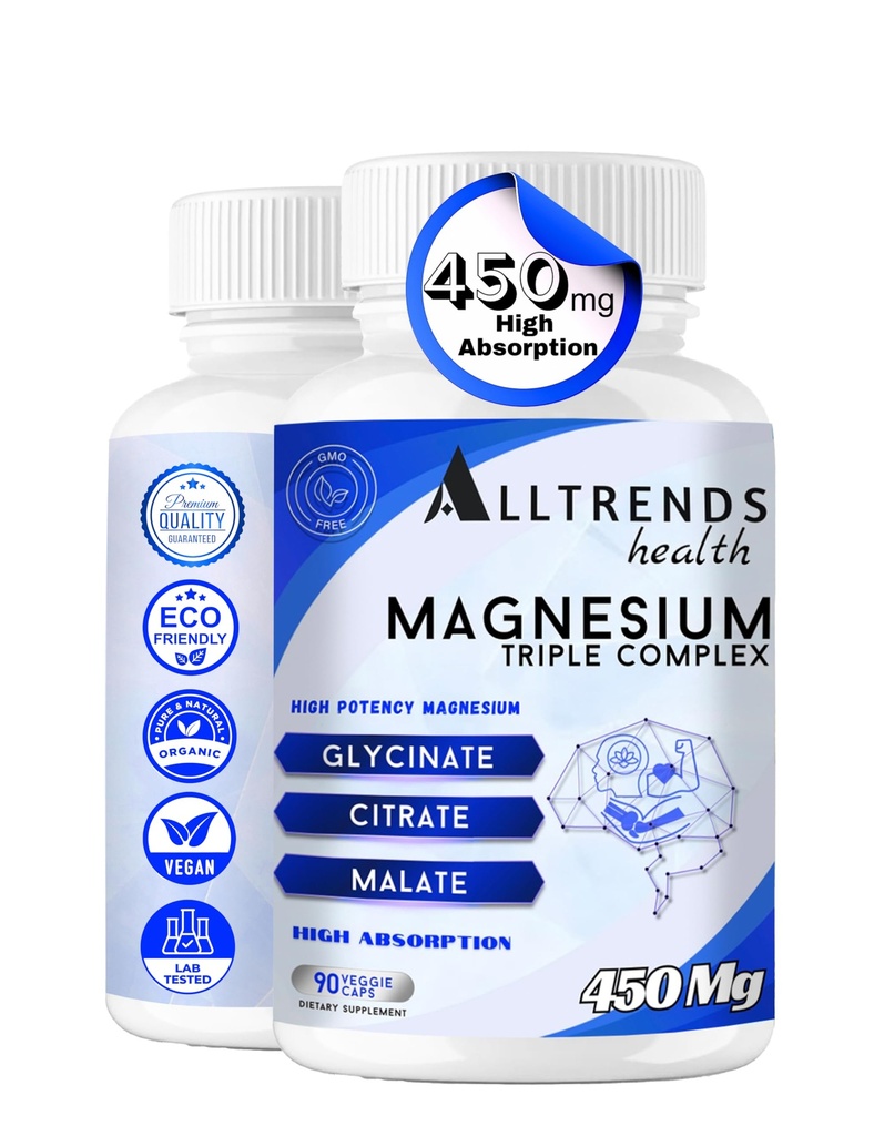 Complexe Triple de Magnésium de Magnésium Haute Puissance 450mg de Magnésium Glycinate, Malate et Citrate.
