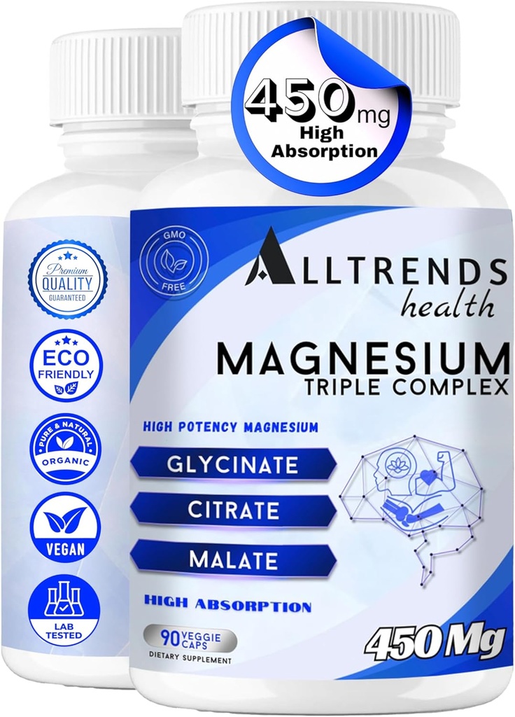 Triple Magnesium Complex | High Potency Magnesium 450mg of Magnesium Glycinate, Malate & Citrate | High Absorption | Non-GMO, Gluten Free, Soy Free, Vegan | 90 Capsules.