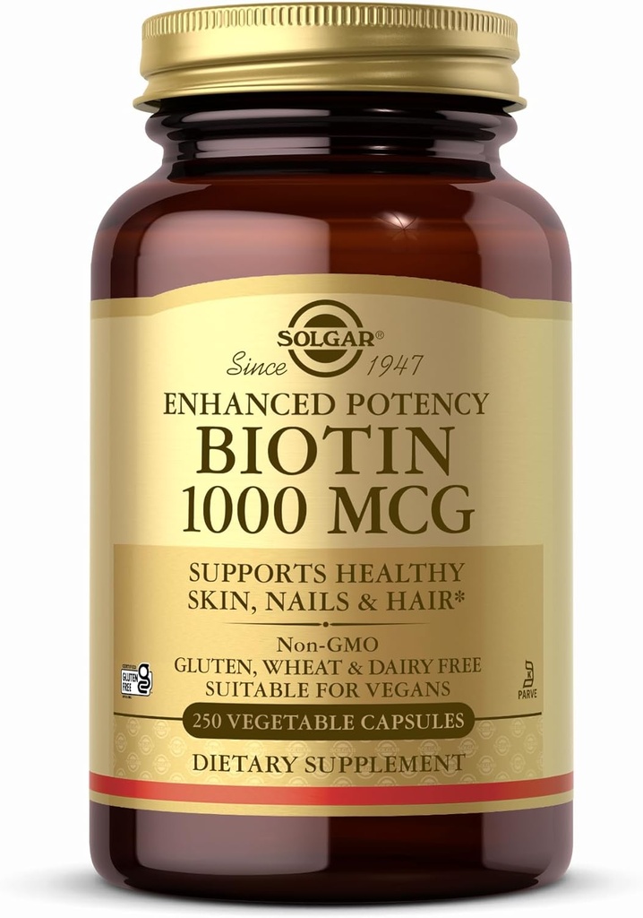 Solgar Biotin 1000 mcg - 250 capsules végétales - Soutient la peau, les ongles et les cheveux sains - Non-OGM, végétalien, sans gluten, sans lait, sans casher - 250 portions