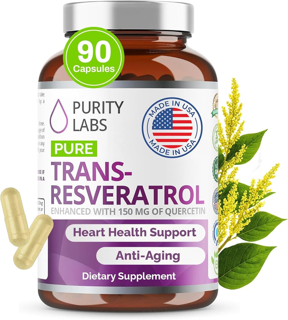 Purity Labs Pure Organic Trans Resveratrol Supplément avec Quercetin, Vegan Antioxydant Suppléments nutritionnels pour le cœur, la peau, les cheveux, les ongles