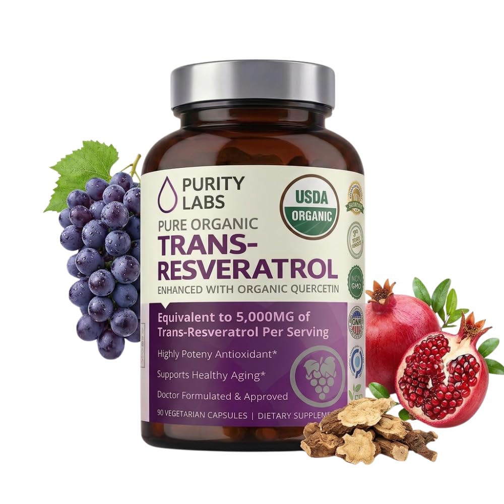 Purity Labs Pure Organic Trans Resveratrol Supplément avec Quercetin, Vegan Antioxydant Suppléments nutritionnels pour le cœur, la peau, les cheveux, les ongles