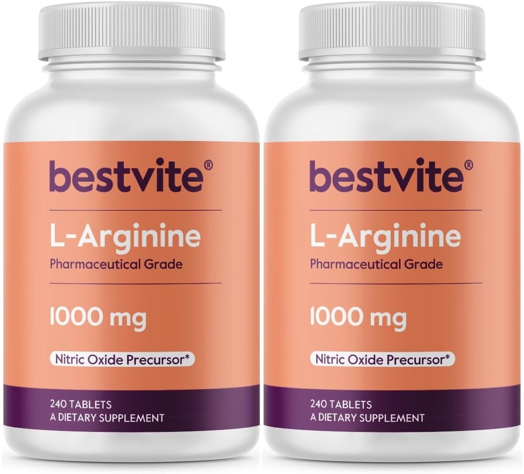BESTVITE L-Arginine 1000mg par comprimé (480 comprimés) (240 x 2) – Classe pharmaceutique – Contient 20% Plus d'arginine pure par rapport à l'arginine HCl – Précurseur à oxyde nitrique*