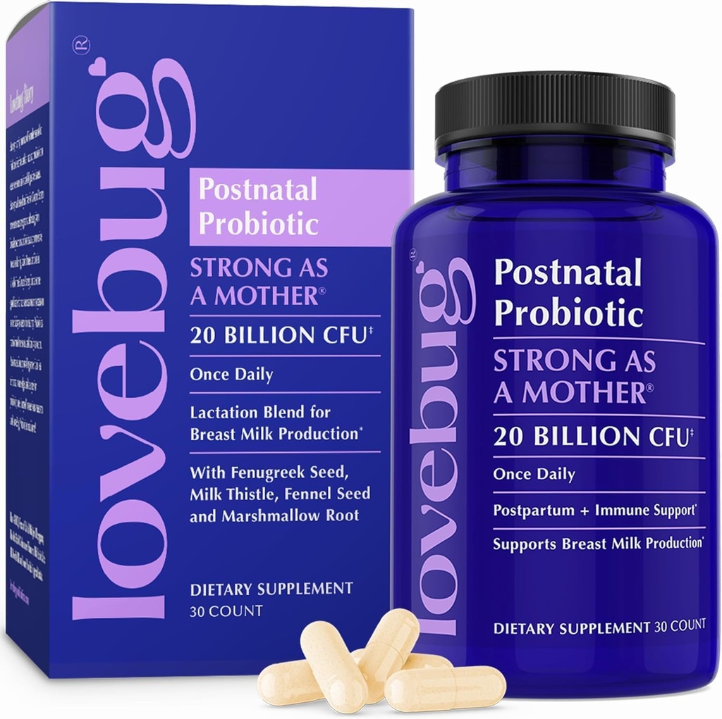 Lovebug Probiotiques postnatals - 20 milliards d'UCF Multi souche pour l'allaitement - avec Fenugreek, Thistle de lait et fenouil, soutient le lait maternel et la santé des goélands, essentiels postpartum, 30 capsules